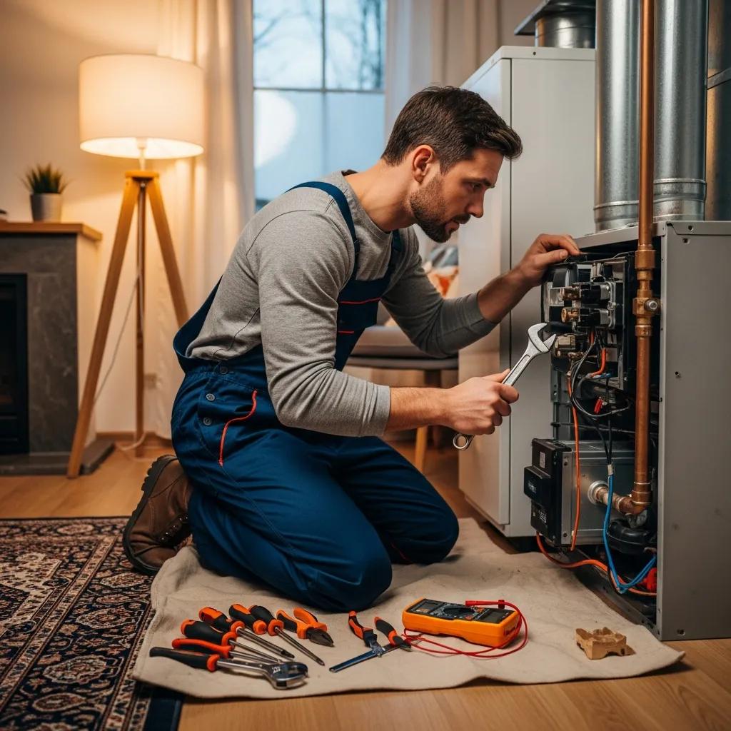 HVAC Blog 4 Technician repairing a heating system in a cozy home, emphasizing emergency heating repair services