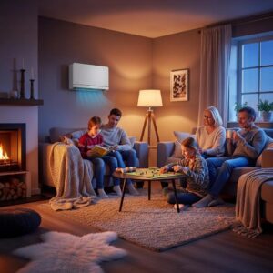 Family enjoying comfort in a cozy living room with a visible heat pump unit