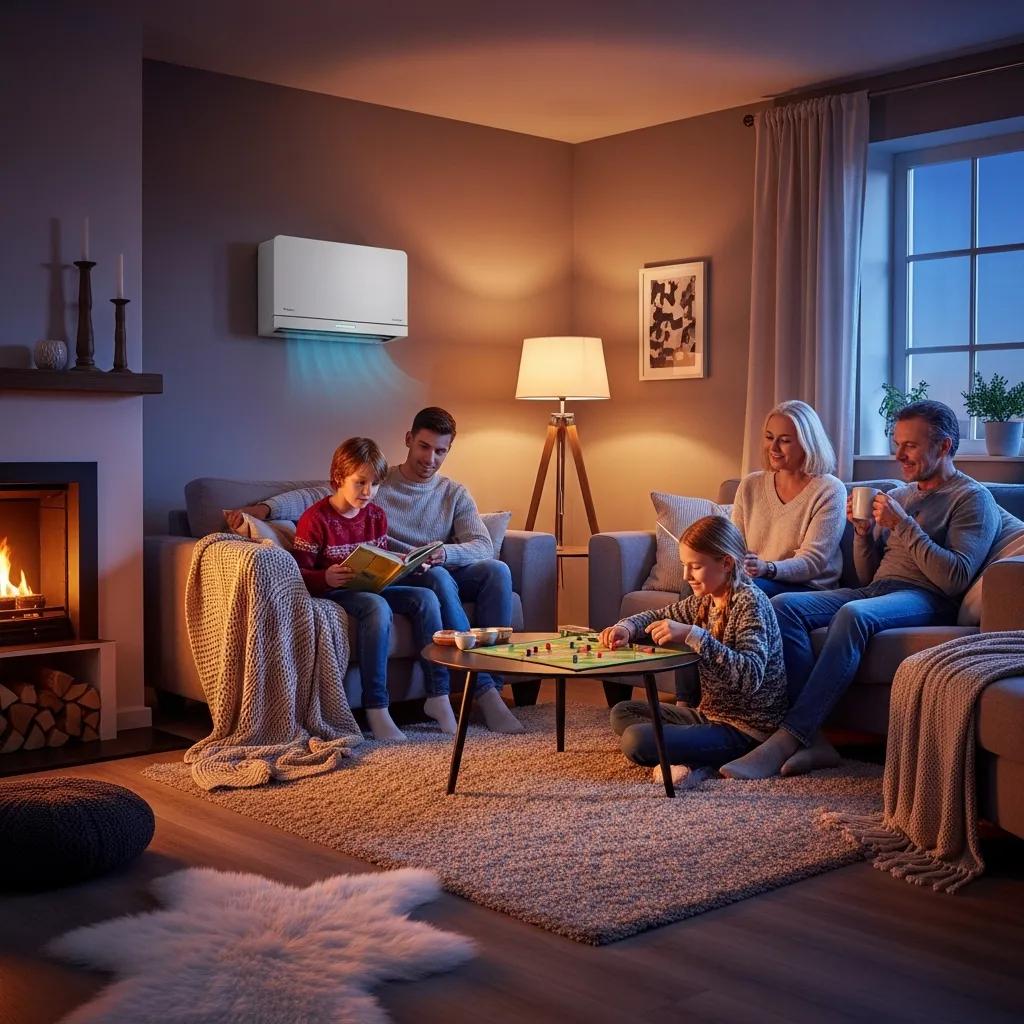 HVAC Blog 3 Family enjoying comfort in a cozy living room with a visible heat pump unit