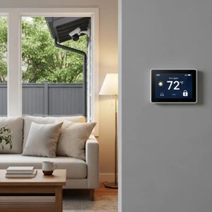 Smart thermostat in a cozy living room highlighting home security features