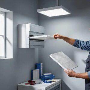 Homeowner changing air filter in a modern HVAC system, emphasizing air quality maintenance