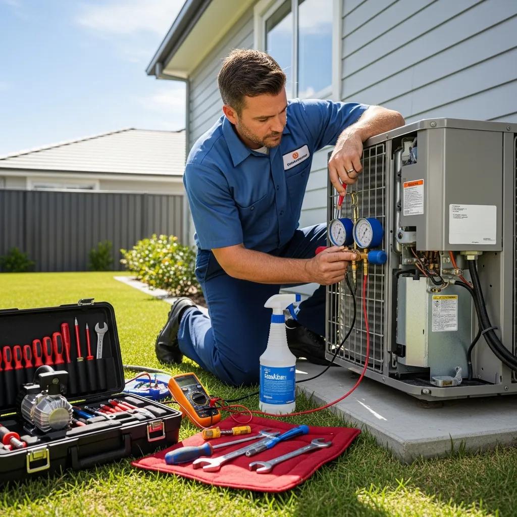 HVAC technician performing professional maintenance on an air conditioning unit